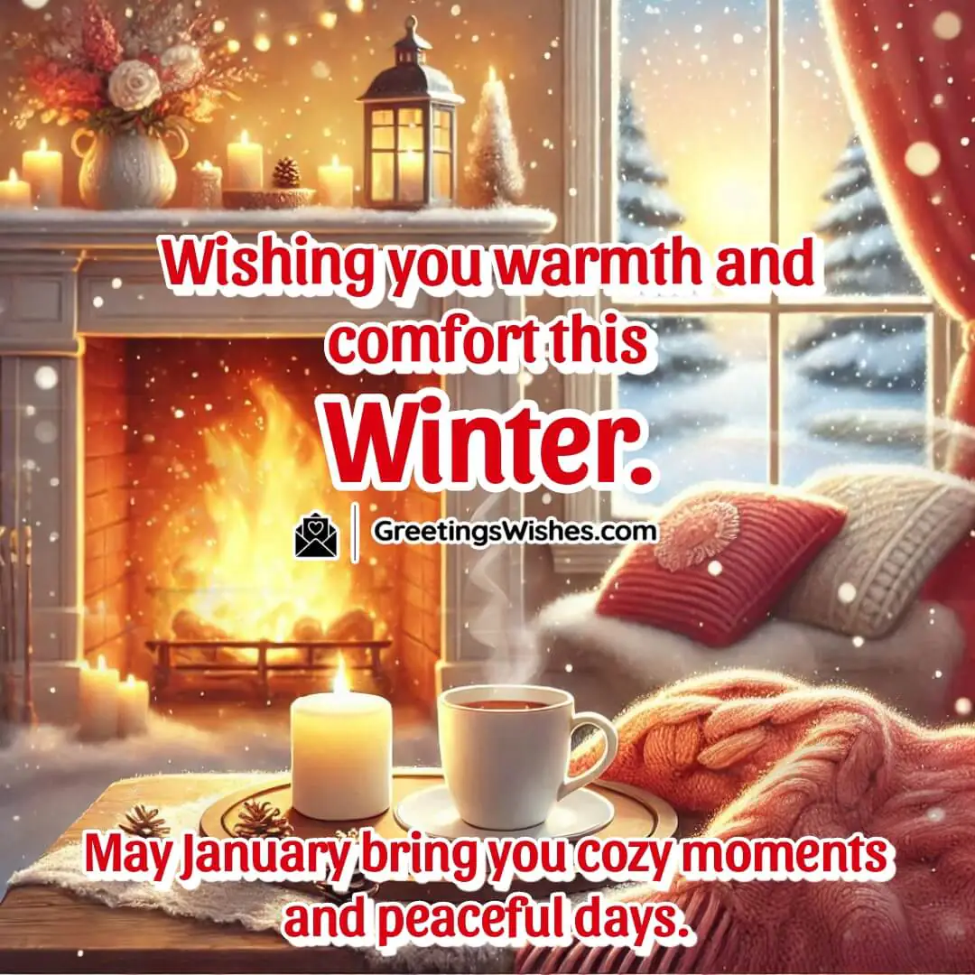 A warm fireplace and soft blankets, creating a peaceful winter atmosphere, symbolizing comfort and peace in January.