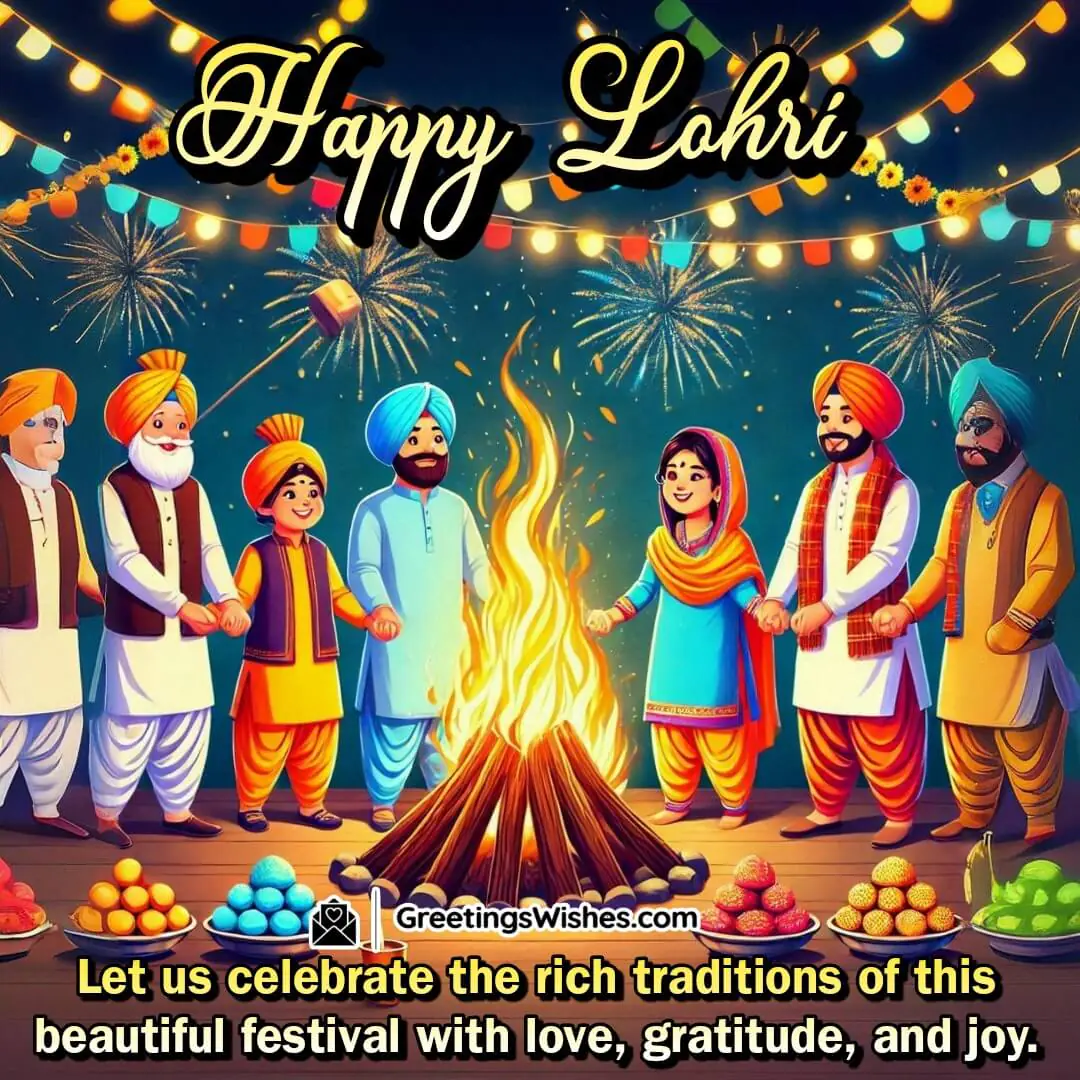 A traditional Lohri celebration with a glowing bonfire, sweets, and people celebrating with love and gratitude.