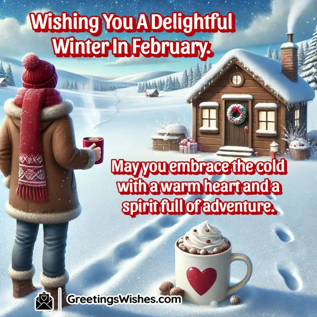A snowy February scene with a warm cup of hot chocolate and footprints leading to a cozy cabin background with February Winter Wishes
