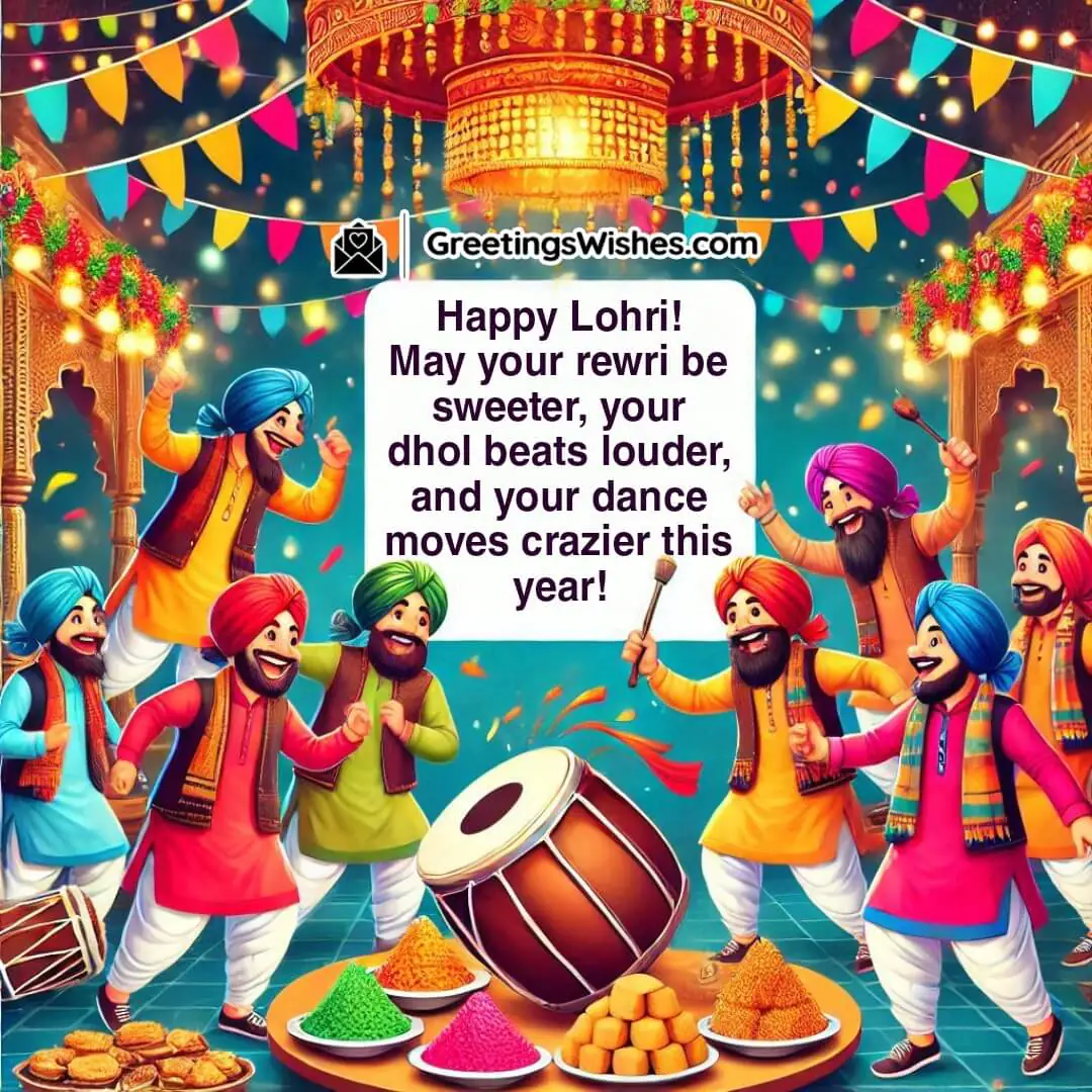 A lively Lohri celebration with sweets, dhol, and energetic dancing.