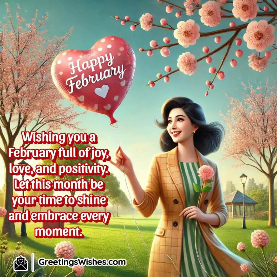 A cheerful February park scene with flowers and a heart-shaped balloon symbolizing joy and love with Happy February Wishes