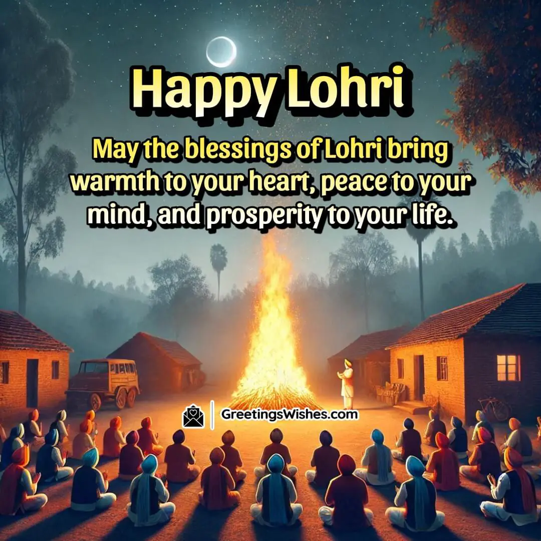 A peaceful Lohri celebration near a bonfire, symbolising blessings and prosperity.