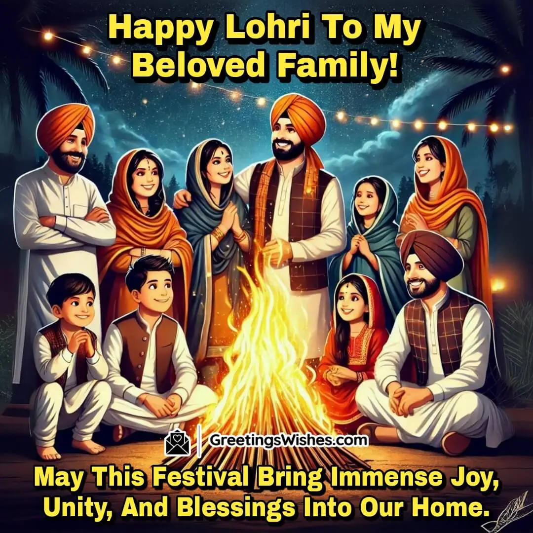 A happy family celebrating Lohri around a bonfire, sharing joy and blessings.