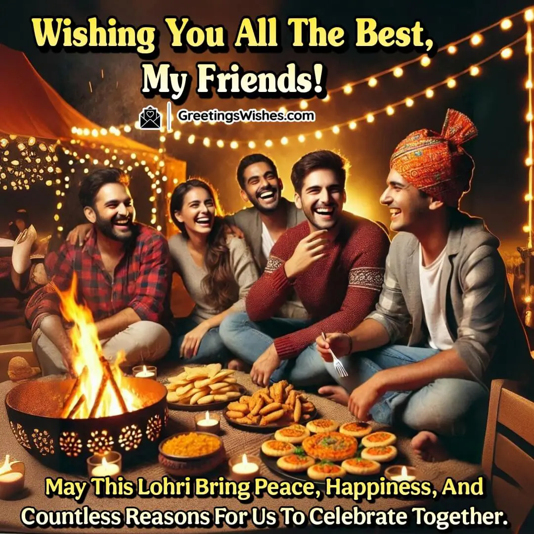 Friends celebrating Lohri near a bonfire, spreading happiness and joy.