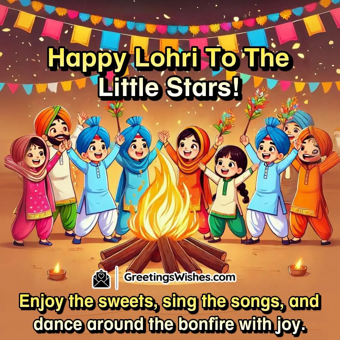 Children dancing around a Lohri bonfire, celebrating with sweets and songs.