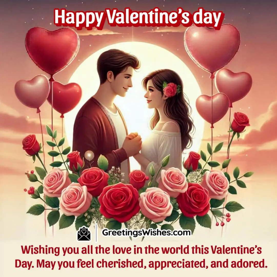 A romantic Valentine’s Day scene with a couple, heart balloons, and roses under a sunset sky background with Happy Valentine’s Day Wishes