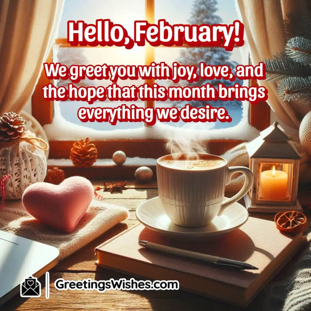 A cozy February morning setup with heart-shaped decor and a warm welcome for the new month with Hello February Wishes