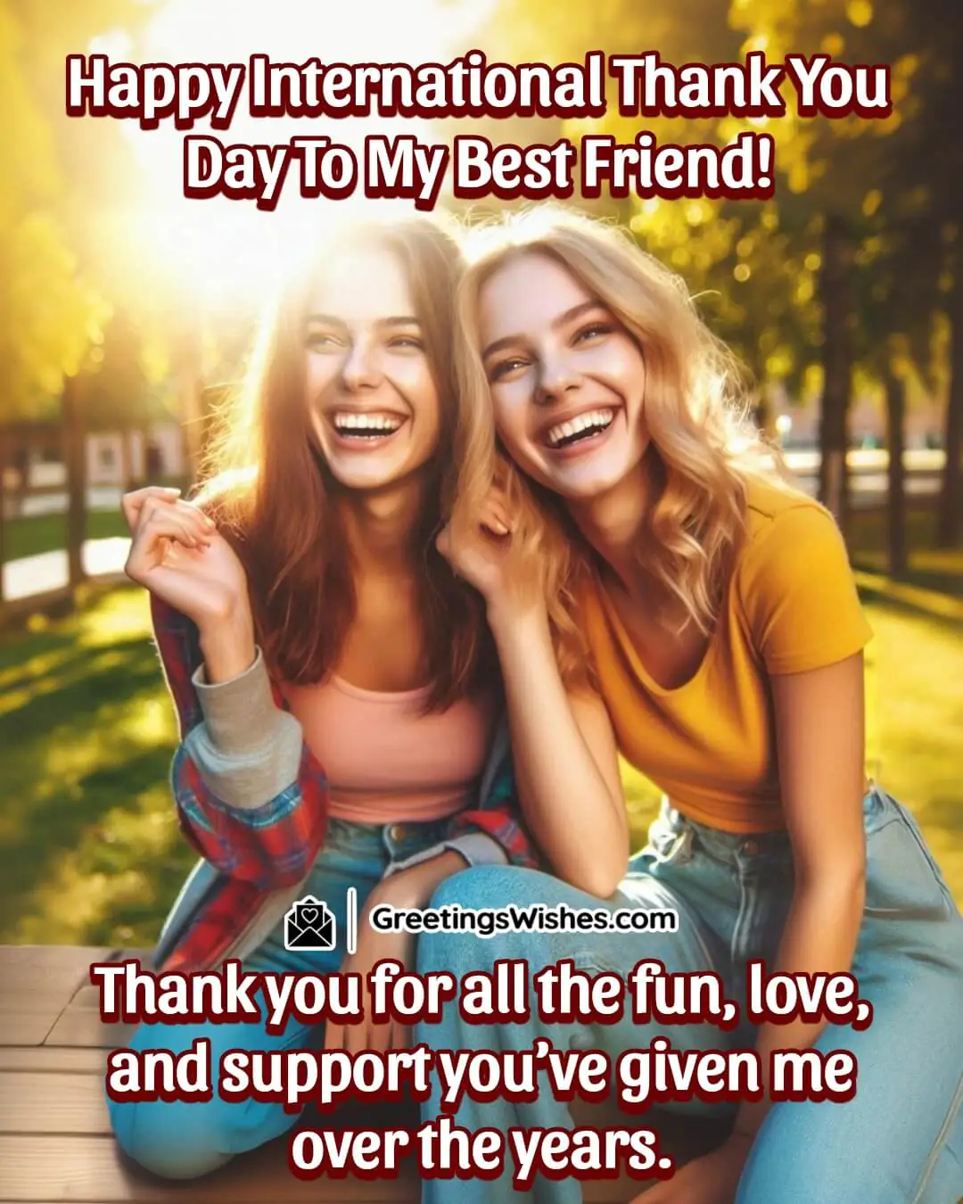 Two best friends laughing joyfully in a sunny park filled with vibrant colours, reflecting happiness.