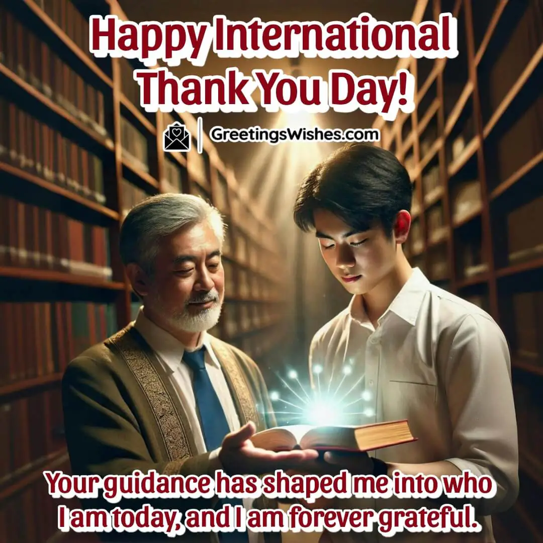 Mentor handing a book to a student in a library, with glowing light symbolising wisdom and gratitude.