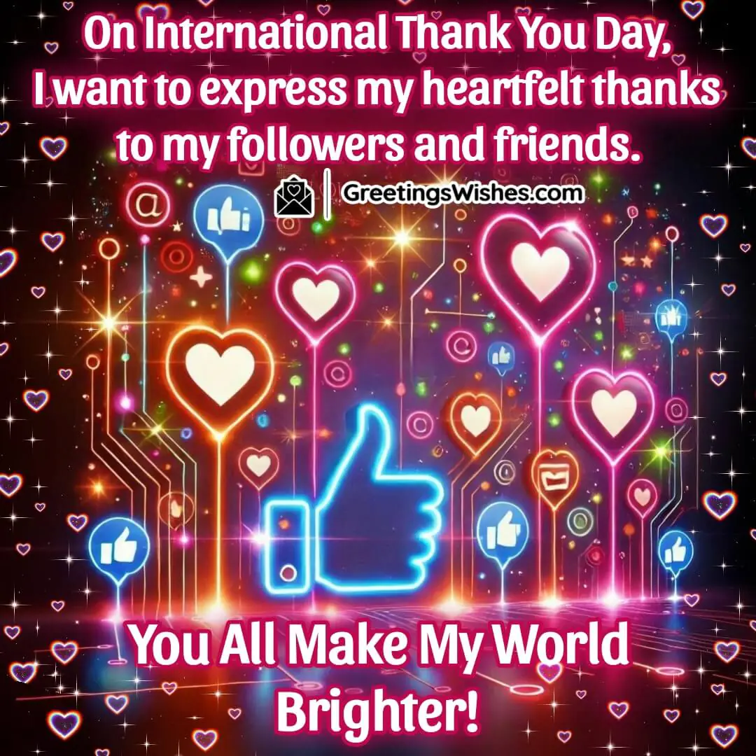 Bright social media-inspired design with glowing thumbs-up and heart emojis, symbolising gratitude to followers and friends.