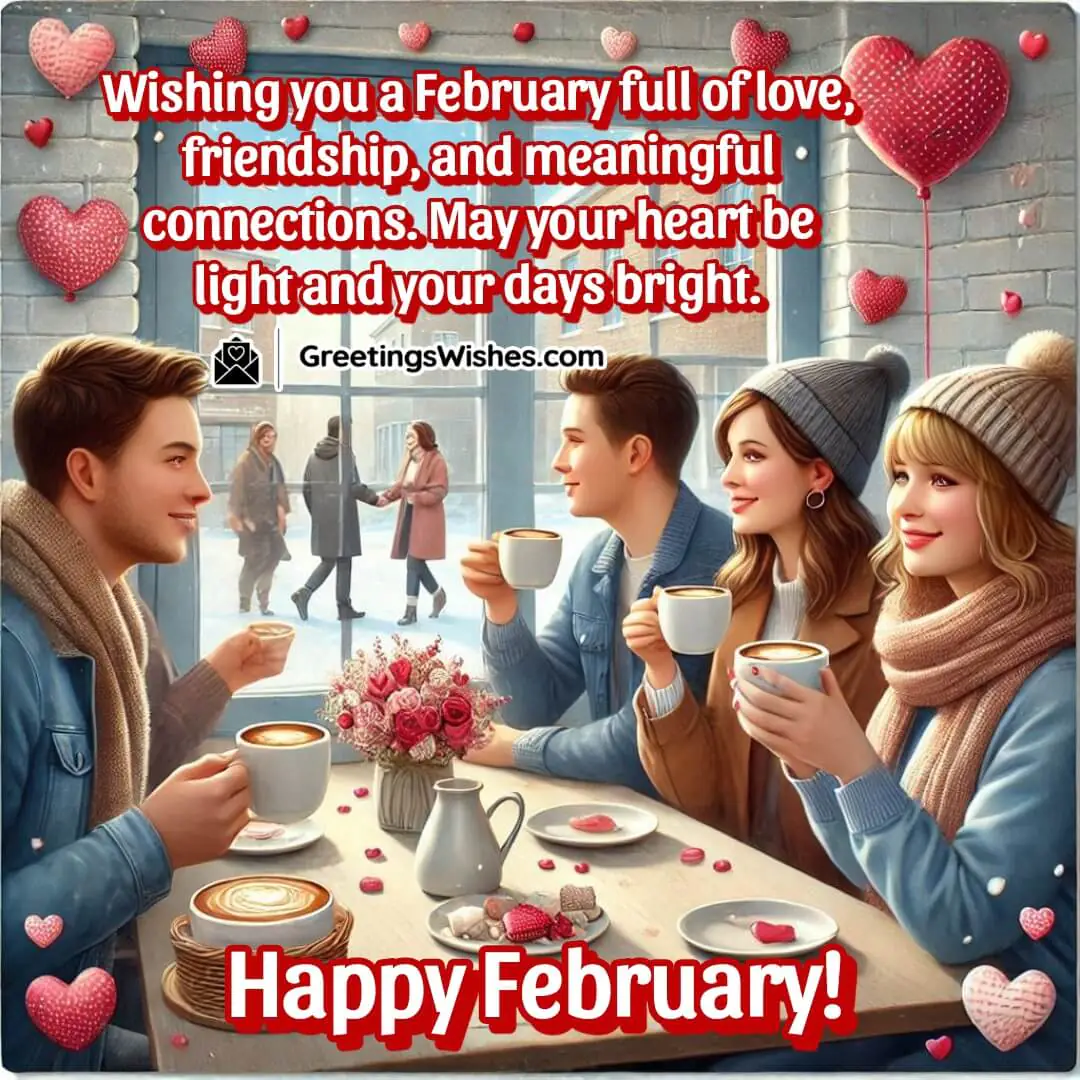 Love And Friendship February Wishes on Friends sharing warm drinks in a cozy cafe, symbolizing love and connection in February Background.