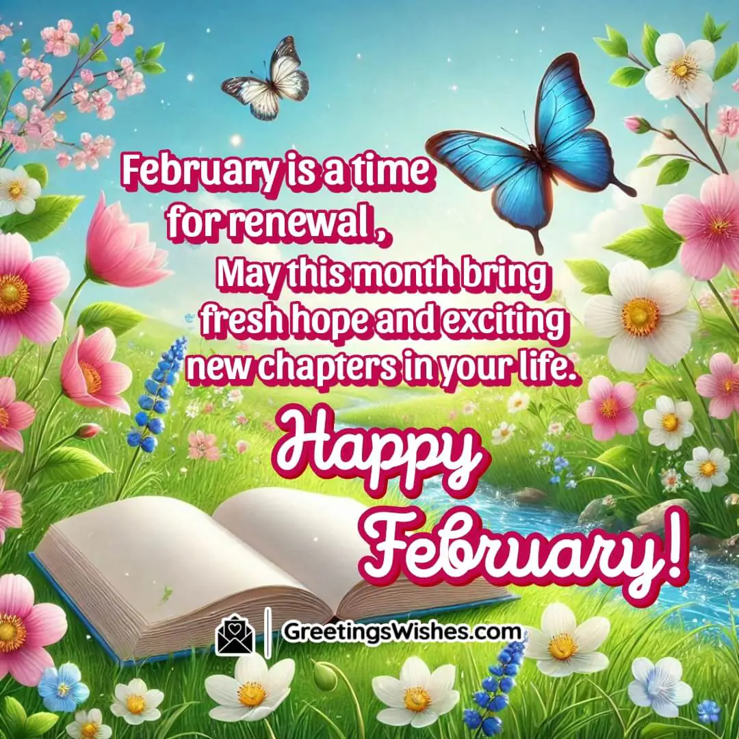 A spring meadow with flowers, butterflies, and an open book, symbolizing renewal in February background including New Beginnings In February Wishes