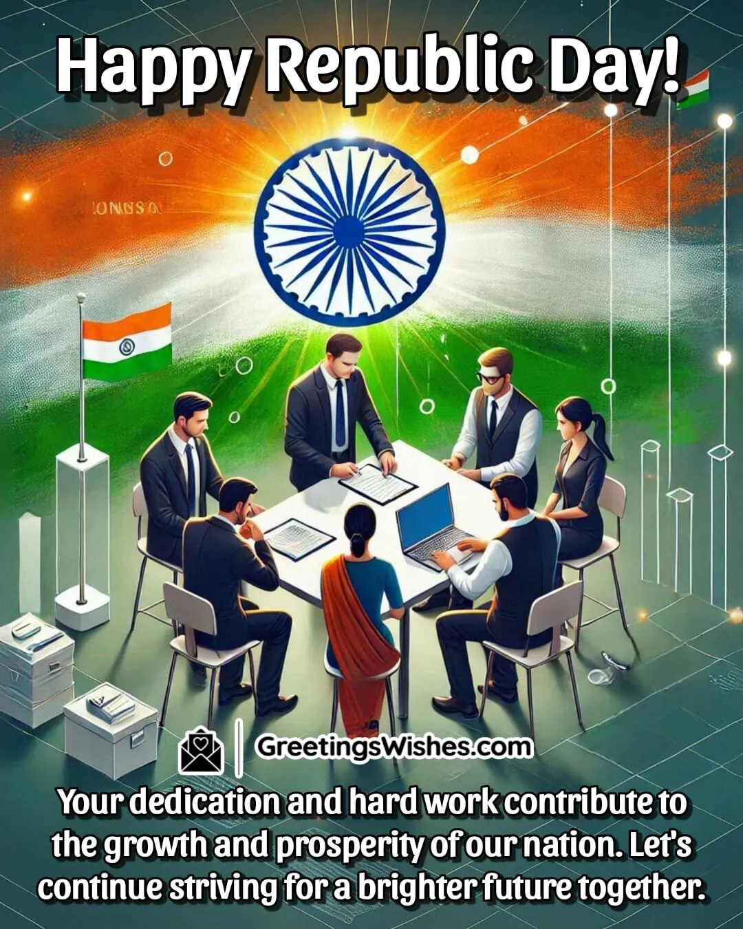 A group of people working under the Indian flag, symbolizing unity, dedication, and progress.