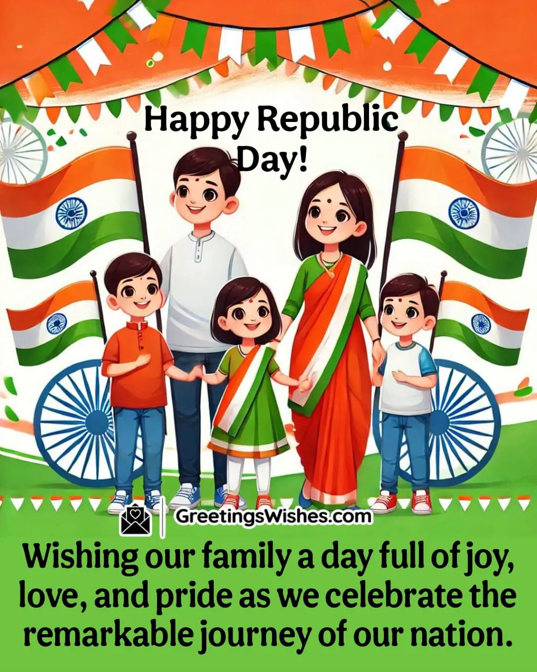 A family celebrating near a bonfire under a tricolor sky, symbolizing unity, joy, and pride in the nation.