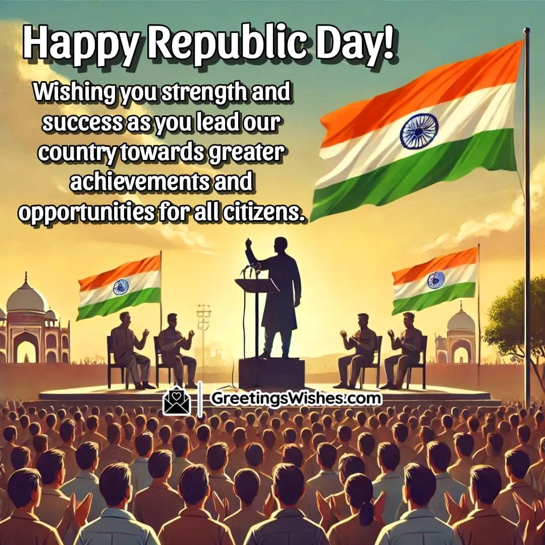 A leader standing on a podium under a large fluttering Indian flag, with a glowing sunrise, symbolizing hope, strength, and progress.
