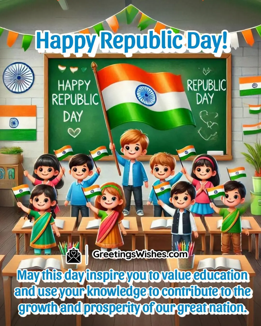Children in a classroom celebrating Republic Day with Indian flags including Wishes For Students