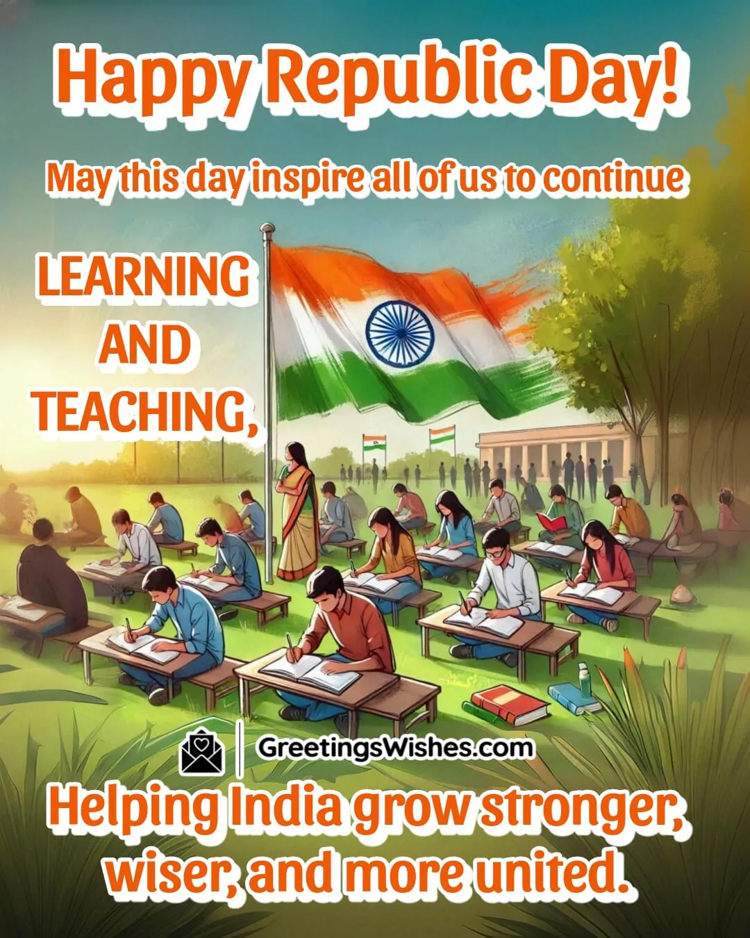 Students studying under the Indian flag, symbolizing education With Republic Day Wishes For Teachers