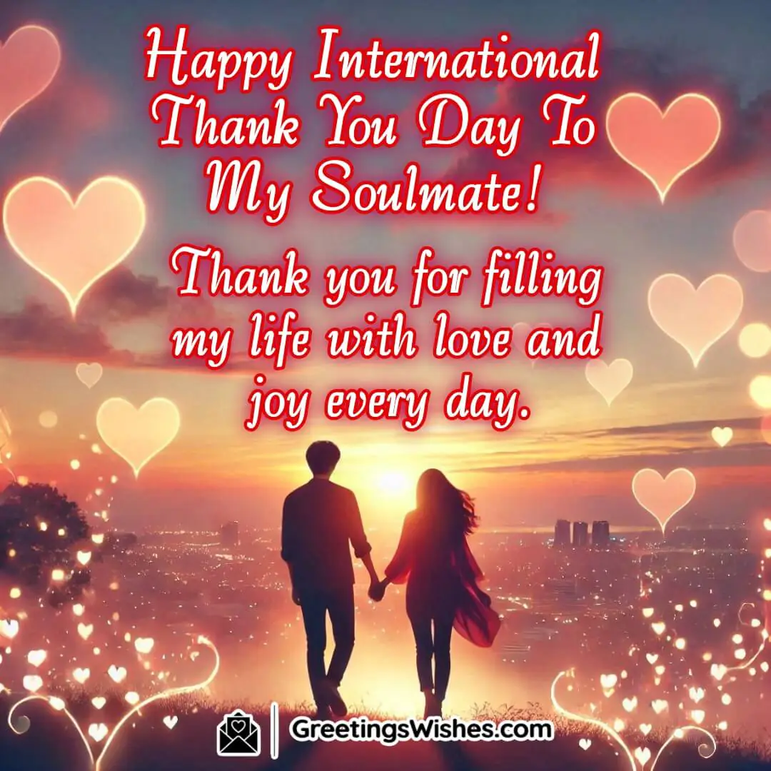 Couple walking hand-in-hand during a glowing sunset, surrounded by softly lit hearts expressing love and gratitude.