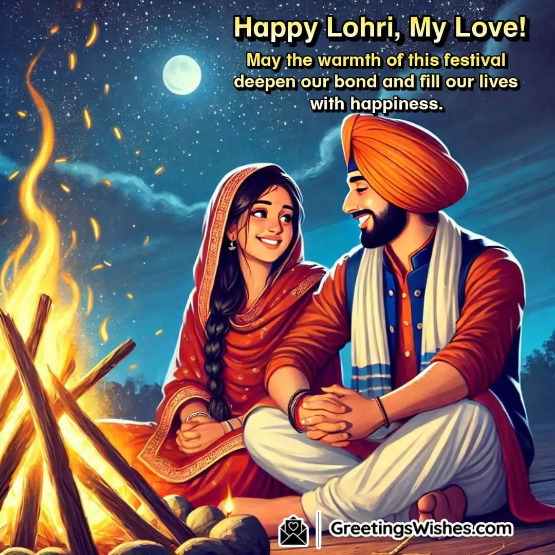 A couple celebrating Lohri near a bonfire, symbolising love and happiness.
