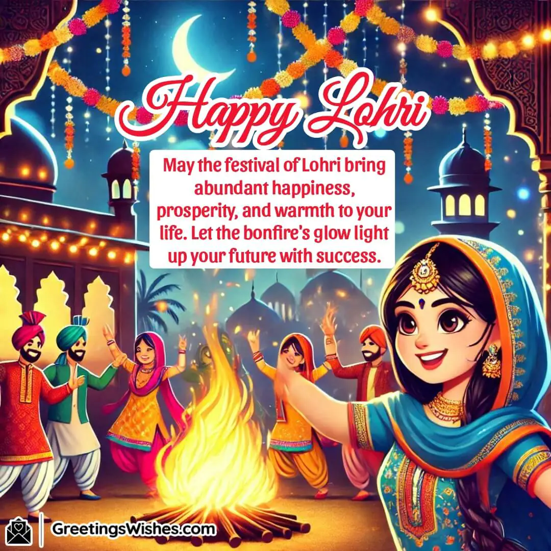 A glowing Lohri bonfire with people dancing joyfully in traditional attire, symbolising happiness and prosperity.