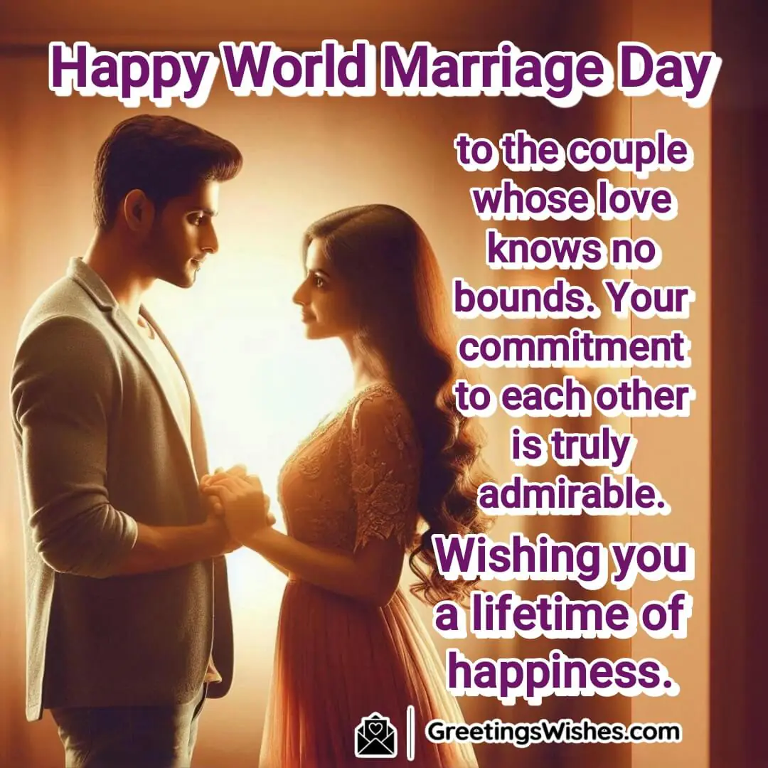 A background of a loving couple holding hands in a romantic setting, with the text Heartfelt World Marriage Day Wish