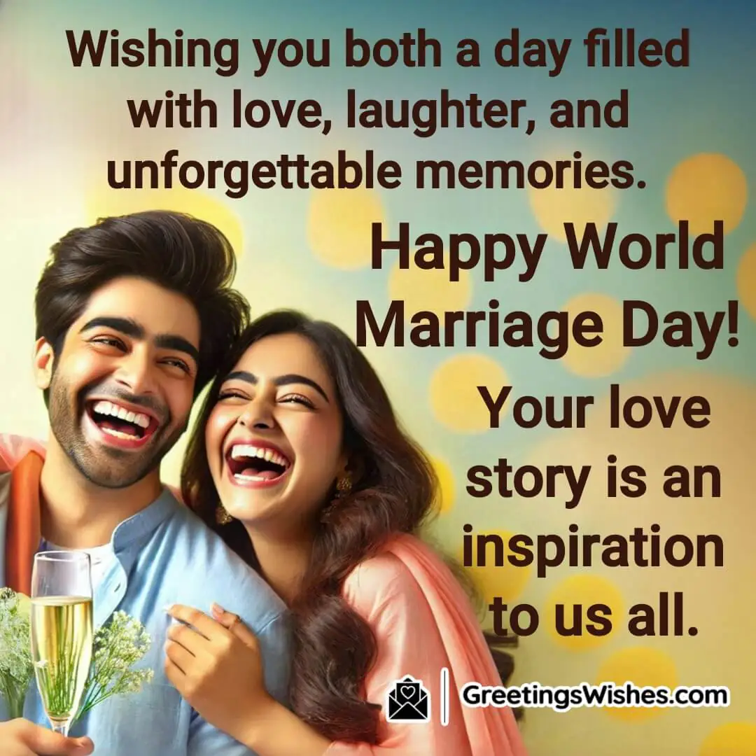A background of a joyful couple laughing together, with the text Inspirational World Marriage Day Wish