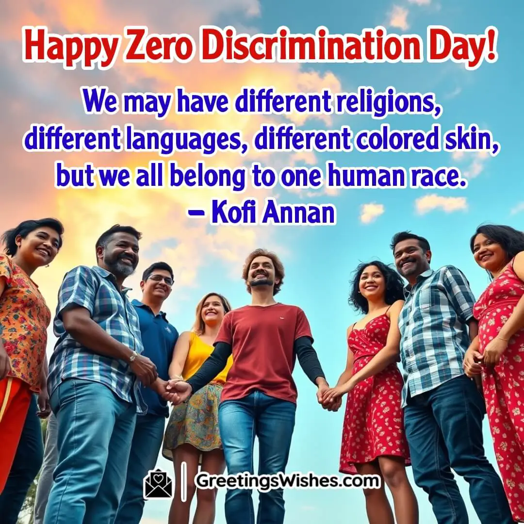 A diverse group of people holding hands under a colorful sky, symbolizing unity in diversity and human connection On Zero Discrimination Day.