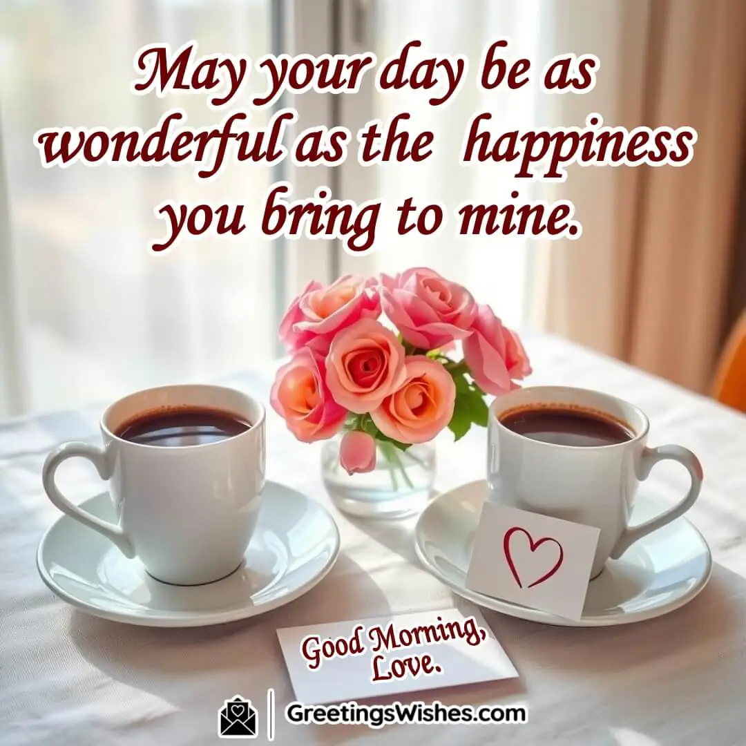 A romantic breakfast setup with coffee, flowers, and a love note, symbolizing warmth, love, and joy.