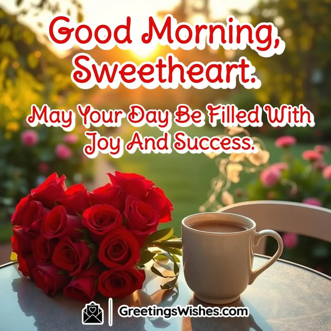 A heart-shaped rose arrangement with coffee at sunrise, symbolizing love, joy, and success.