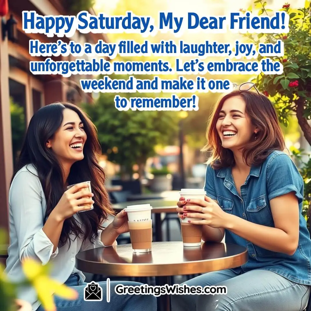 Two friends enjoying coffee at an outdoor café, symbolizing joy, laughter, and a wonderful Saturday.