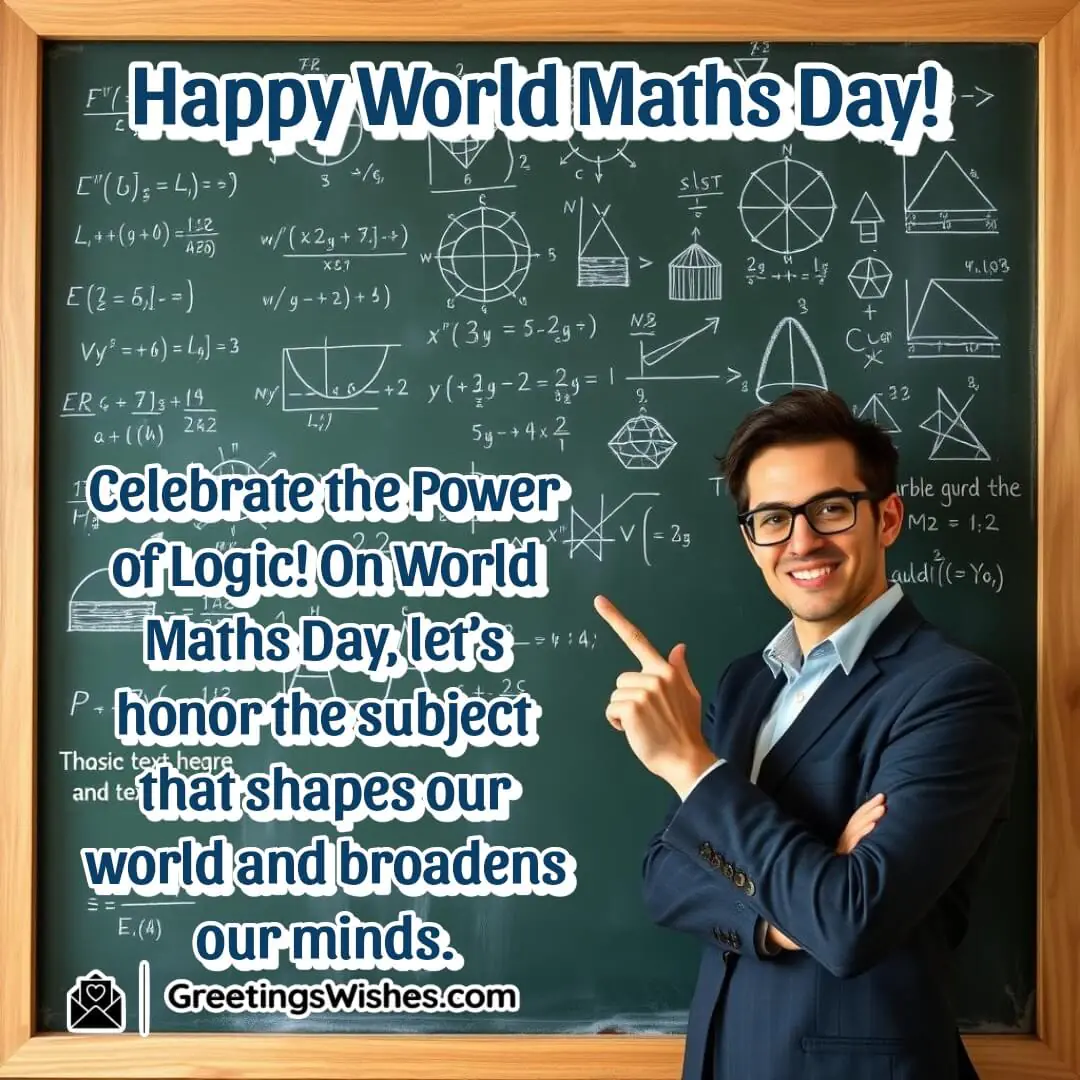 Person pointing at a chalkboard with complex math equations, celebrating World Maths Day.