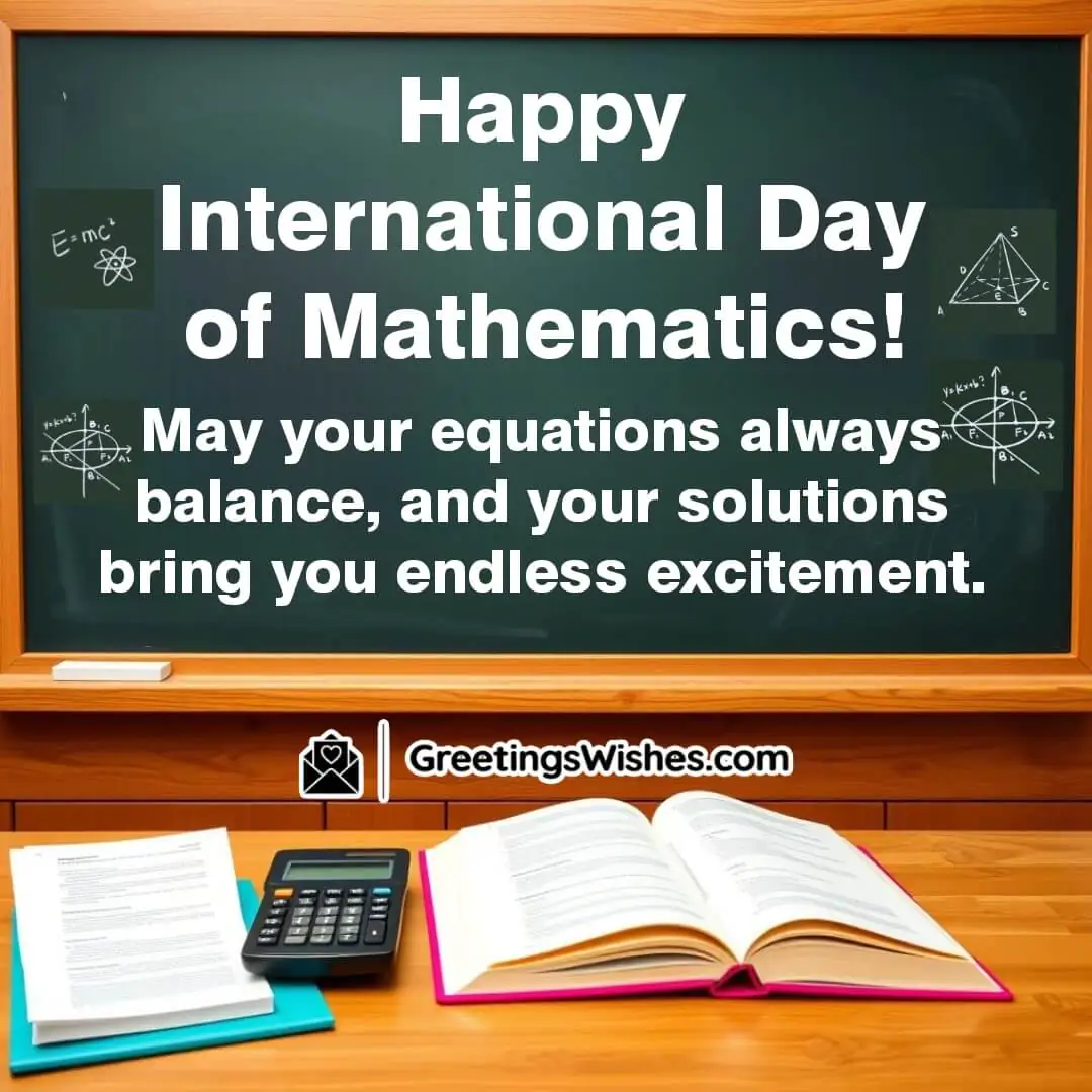 A chalkboard with balanced equations, an open math book, and a calculator, symbolizing excitement in mathematical problem-solving.