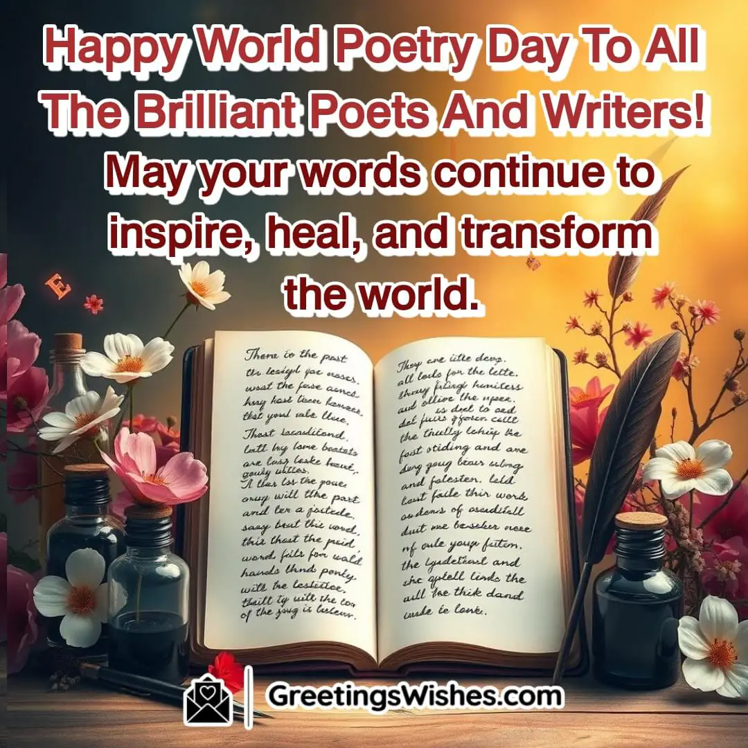 An open notebook with handwritten poetry, surrounded by quills and flowers, celebrating poets and writers on World Poetry Day.
