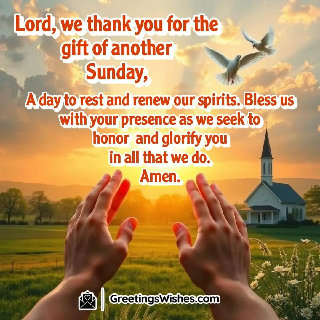 Hands lifted in prayer against a golden Sunday sunrise, with a dove soaring and a church in the background, symbolizing faith and renewal.