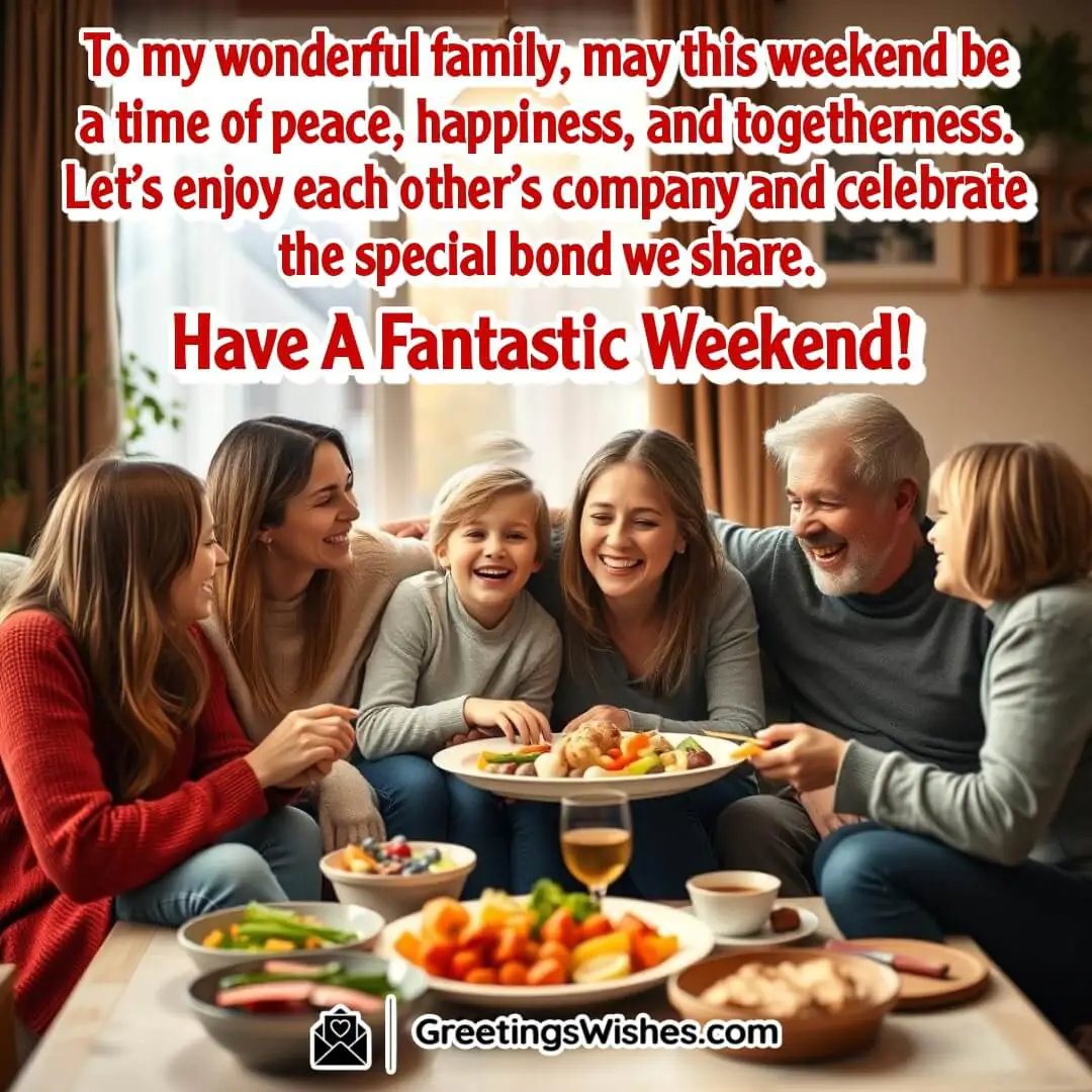 A happy family gathering around a table, sharing laughter and enjoying a joyful weekend together.