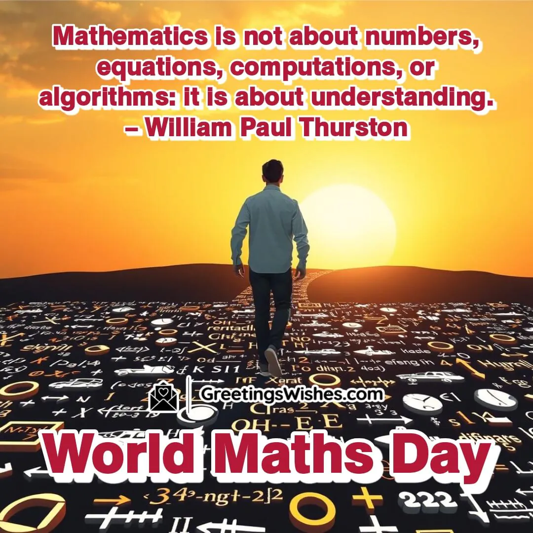 Person walking along a path of math symbols, symbolizing understanding on World Maths Day.