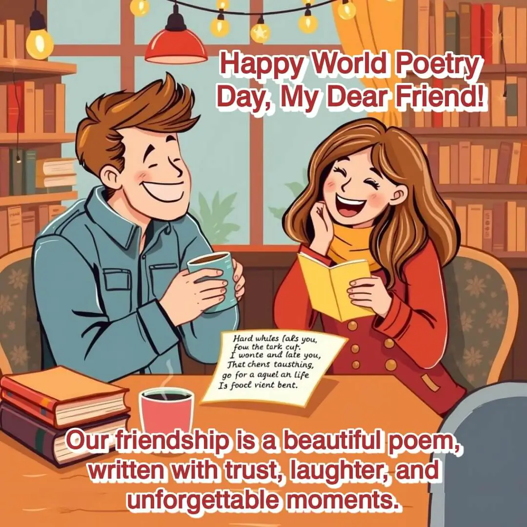 Two friends in a cozy café, sharing poetry and laughter, celebrating friendship and creativity on World Poetry Day.