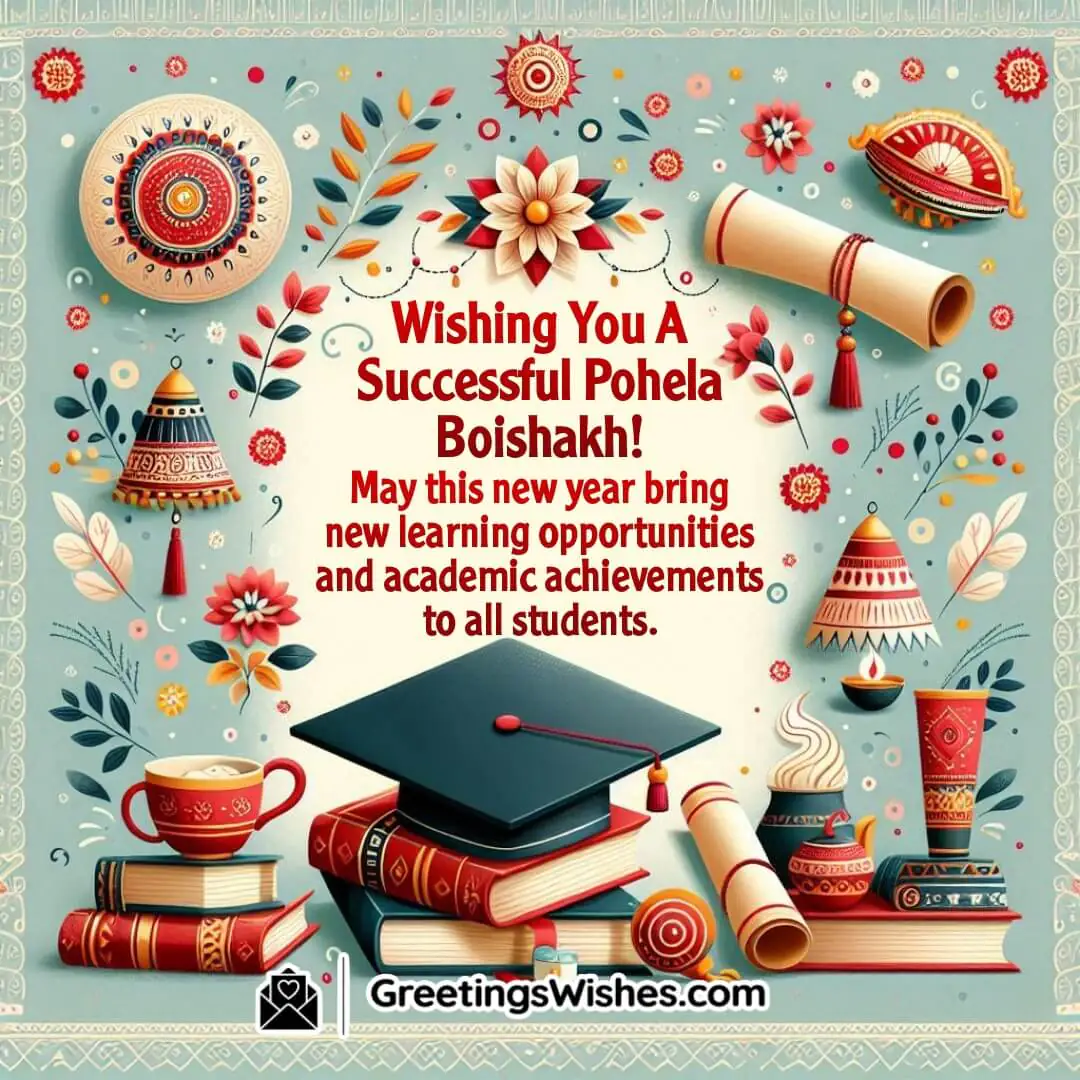 Pohela Boishakh image with books and festive accents, symbolizing academic success and new opportunities.