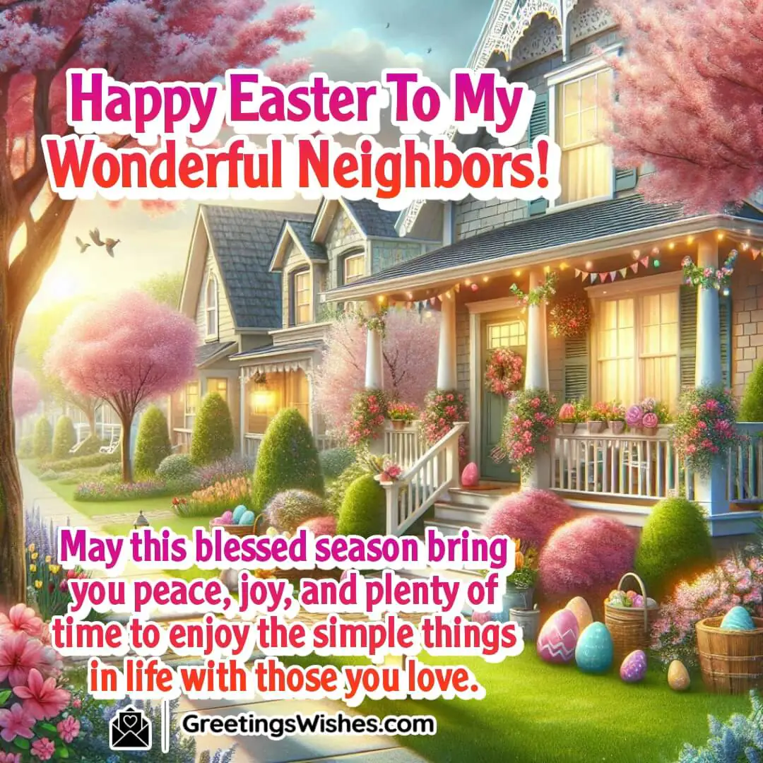 Easter neighborhood scene with cheerful interactions and blooming gardens symbolizing community, joy, and simple blessings.