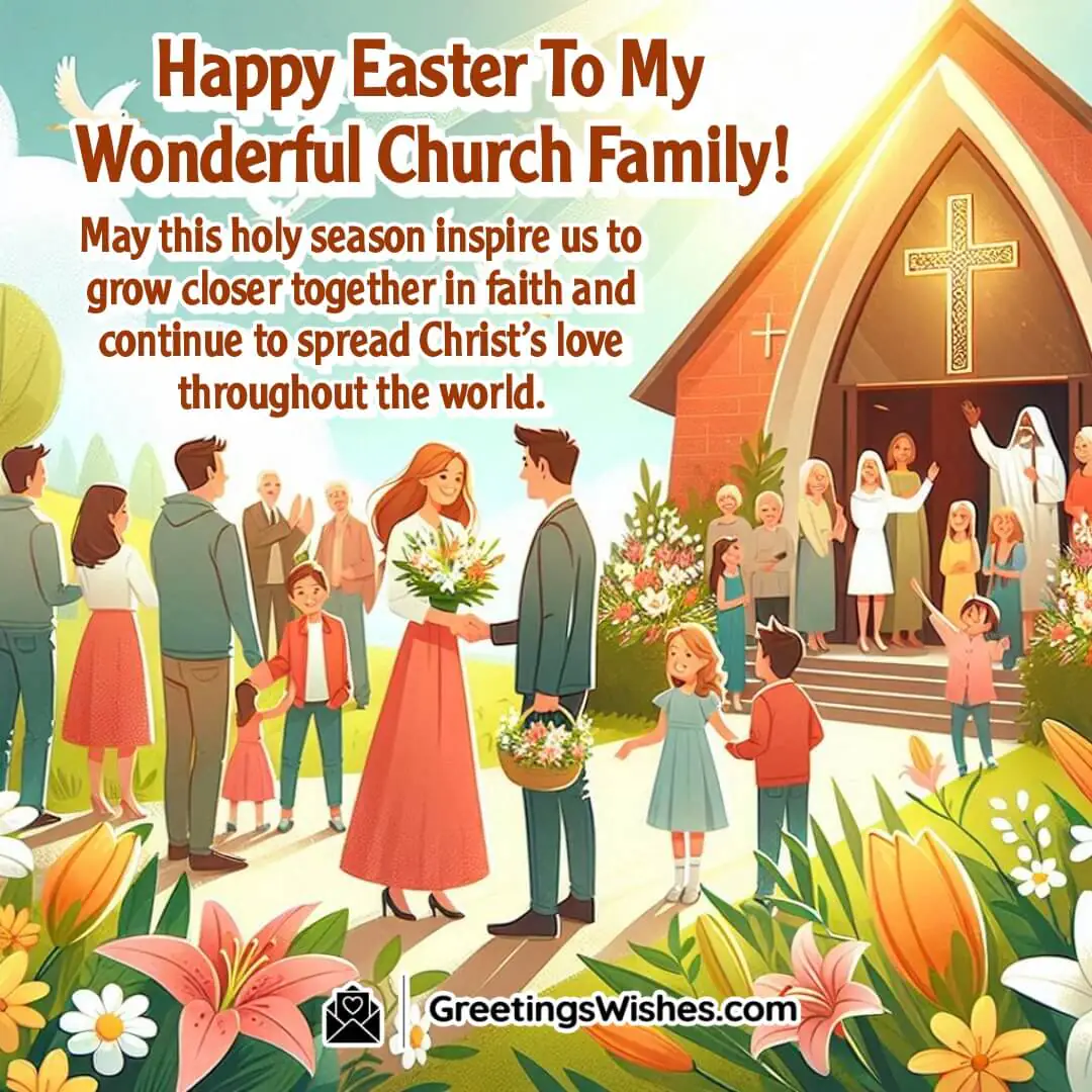 Easter Sunday church scene with joyful congregation and blooming surroundings symbolizing faith, unity, and Christ’s love.