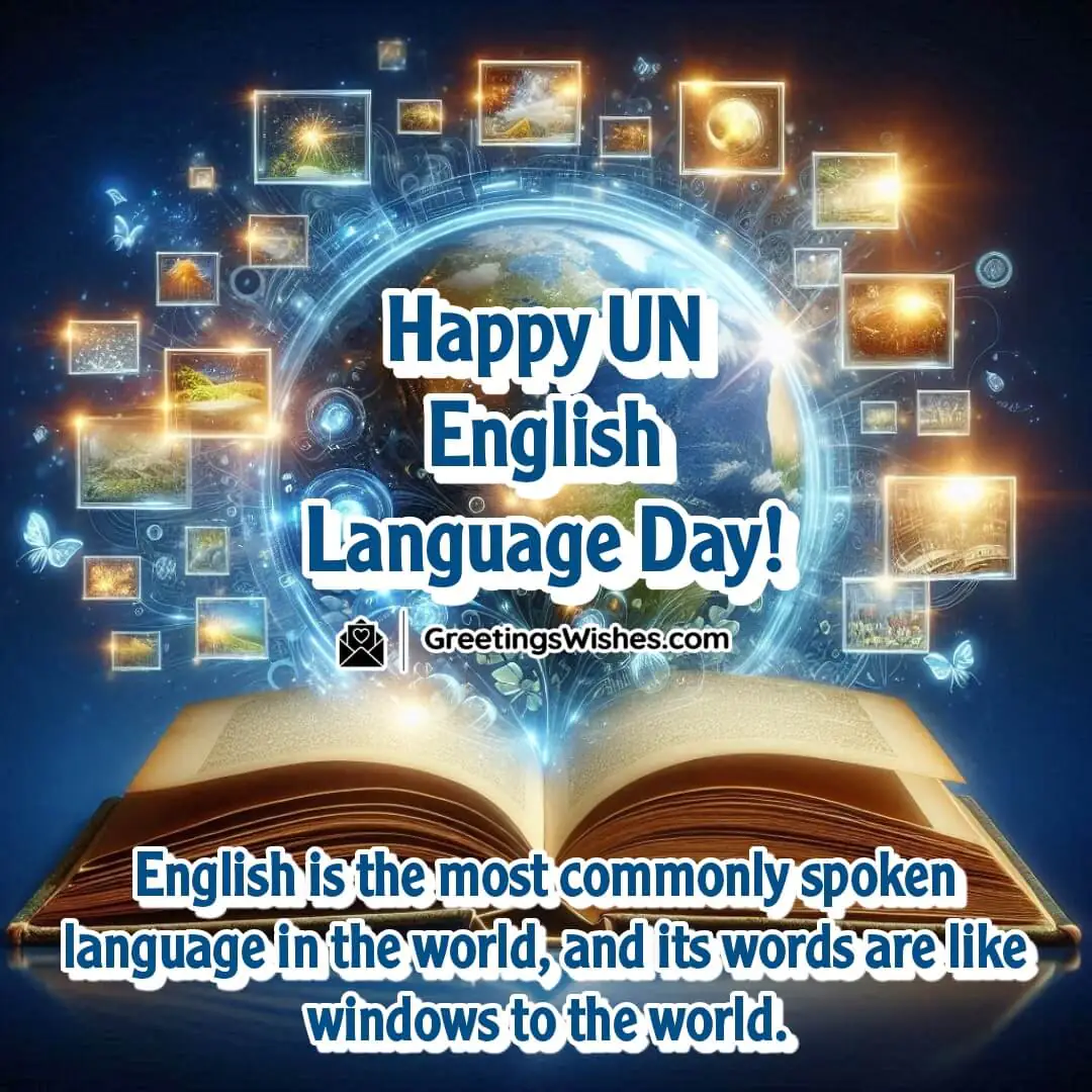 A glowing book open in the center with shining English words floating out, transforming into windows that show different global scenes—nature, technology, culture. Background in deep blue with text space at the top.