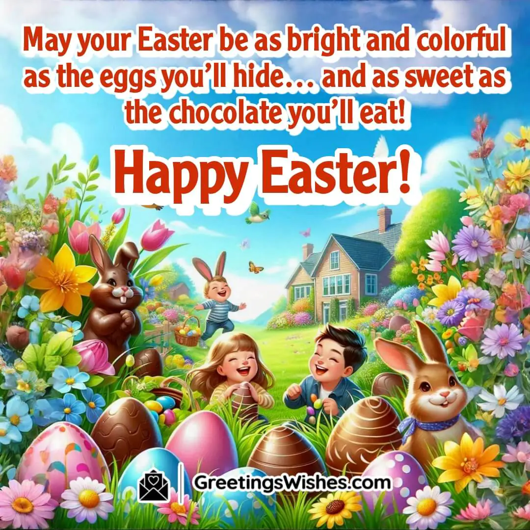 Easter scene with hidden eggs, chocolate treats, and blooming flowers symbolizing joy, sweetness, and celebration.