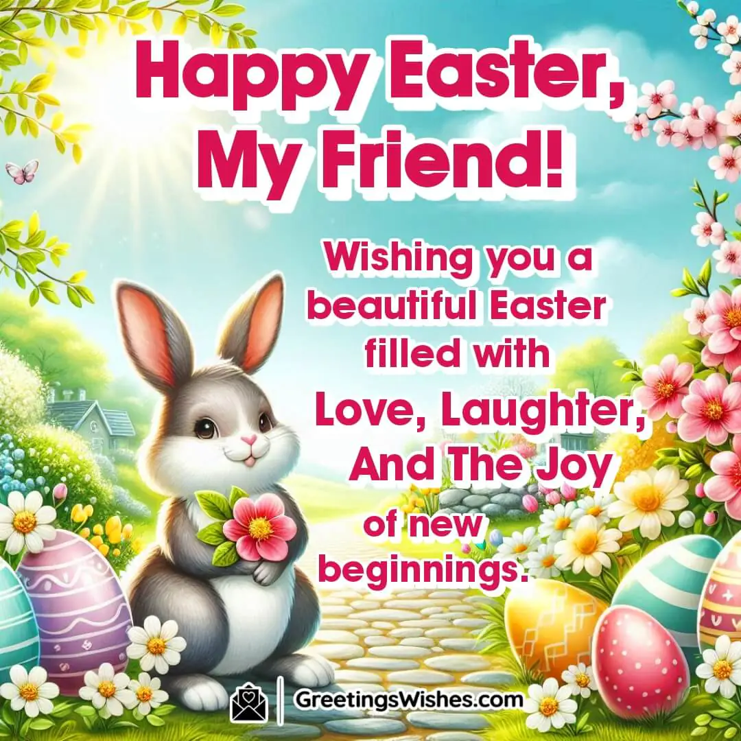 Easter scene with a smiling bunny, blossoms, and cheerful vibes symbolizing joy, friendship, and new beginnings.