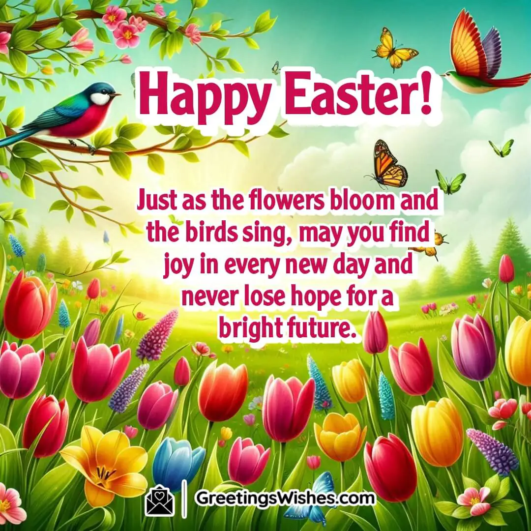 Easter scene with blooming flowers, birds, and sunrise symbolizing hope, joy, and the beauty of new beginnings.