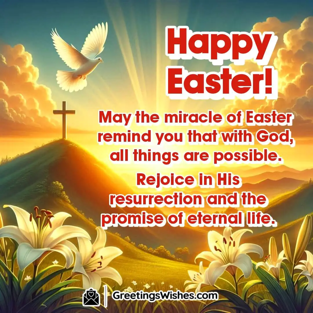 Easter scene with sunrise, cross, and lilies symbolizing resurrection, divine promise, and new beginnings.