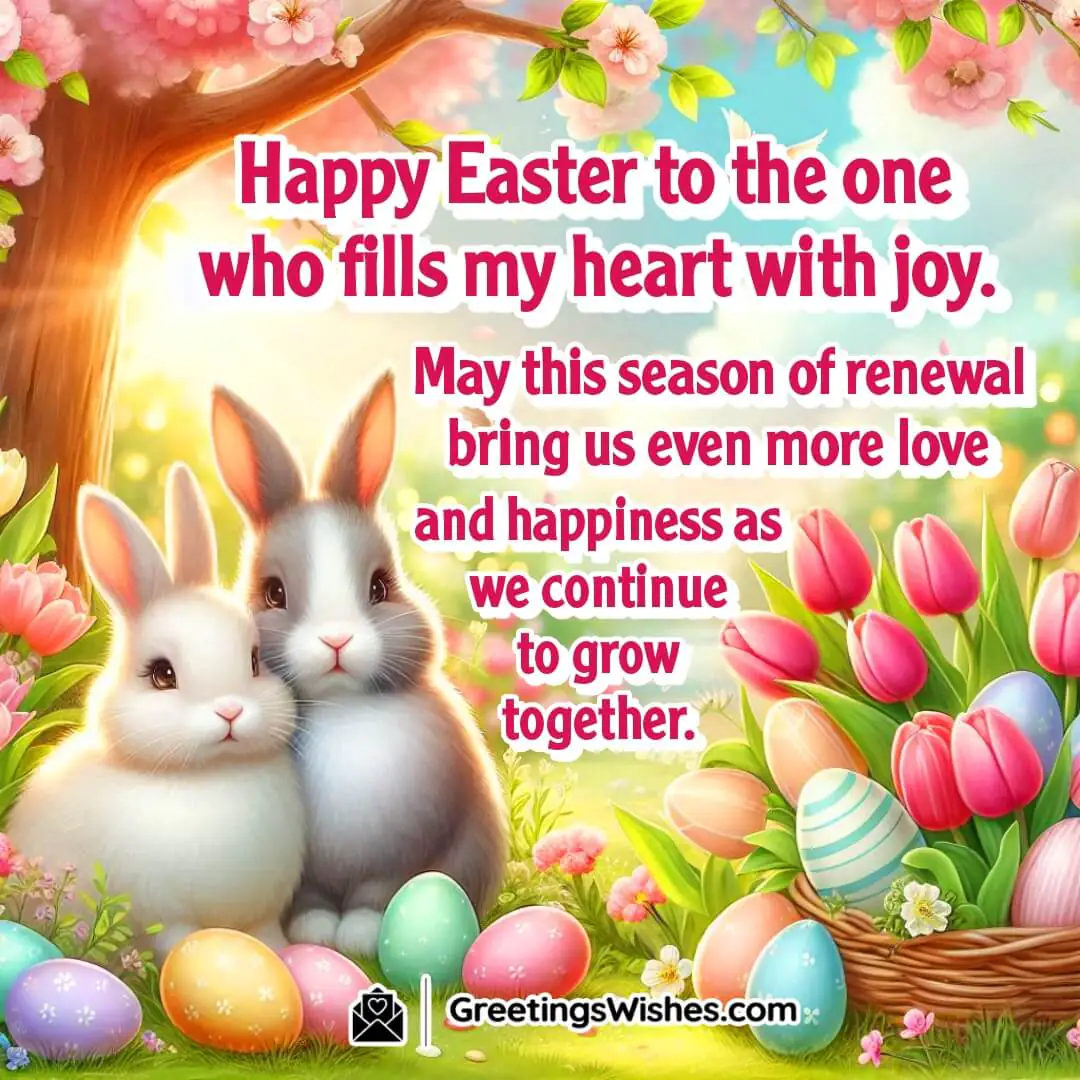 Easter scene with a pair of bunnies in a flower garden symbolizing love, renewal, and shared happiness.