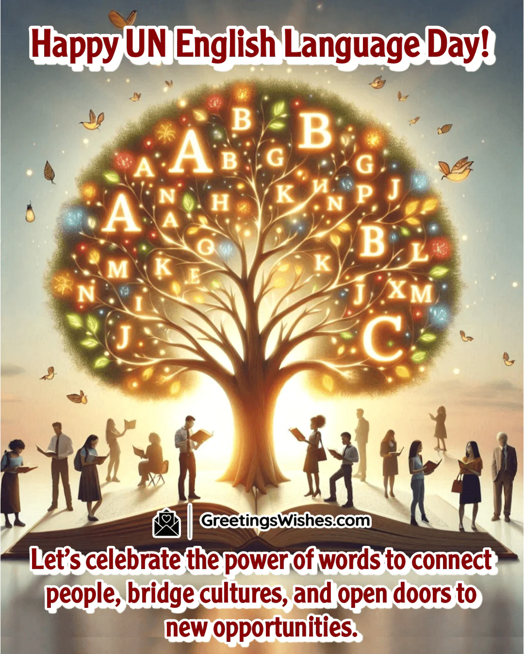 UN English Language Day featuring an alphabet tree growing from a book, symbolizing the power of English to bring people of all ages and backgrounds together.