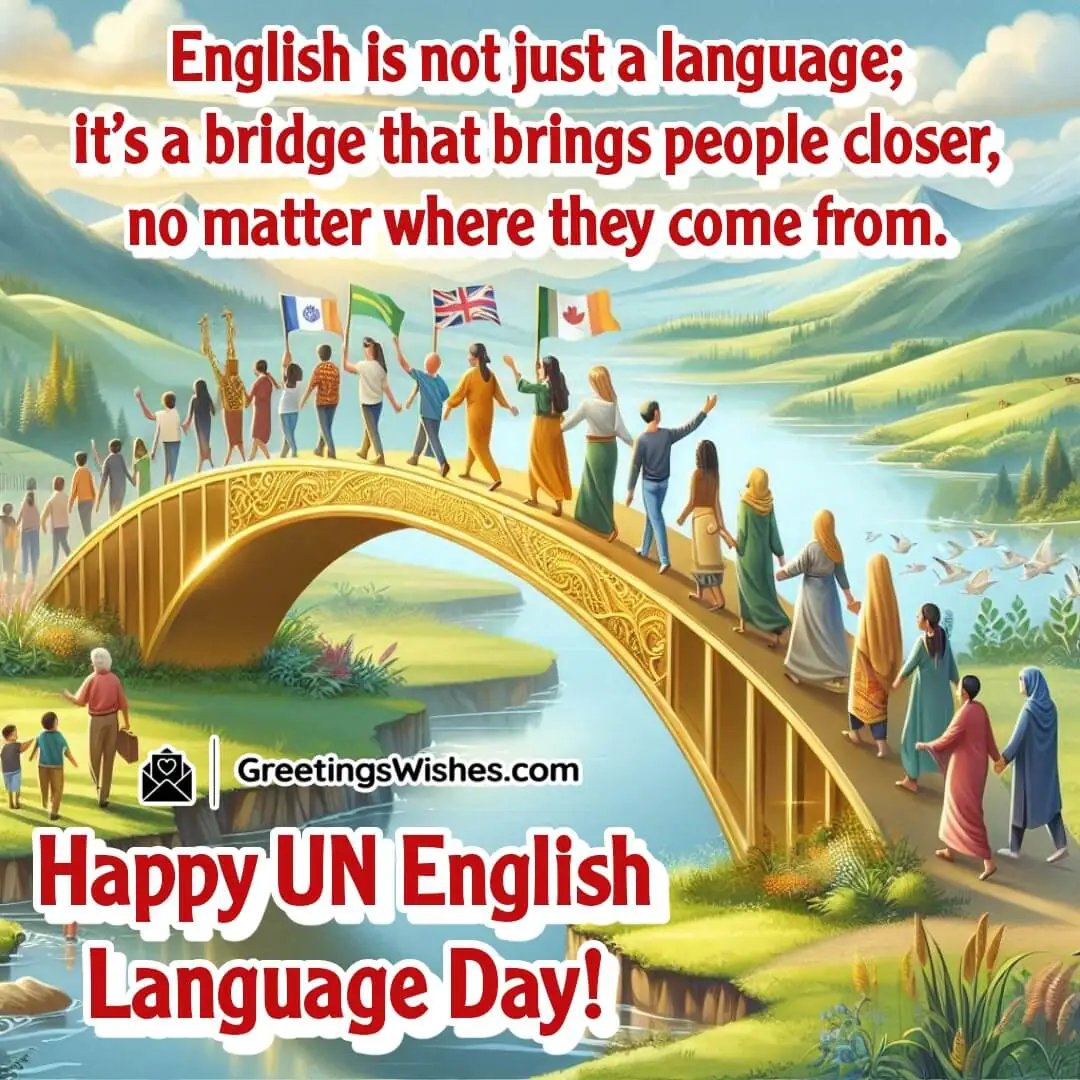 UN English Language Day featuring a golden bridge filled with people from different nations, symbolizing unity through English.
