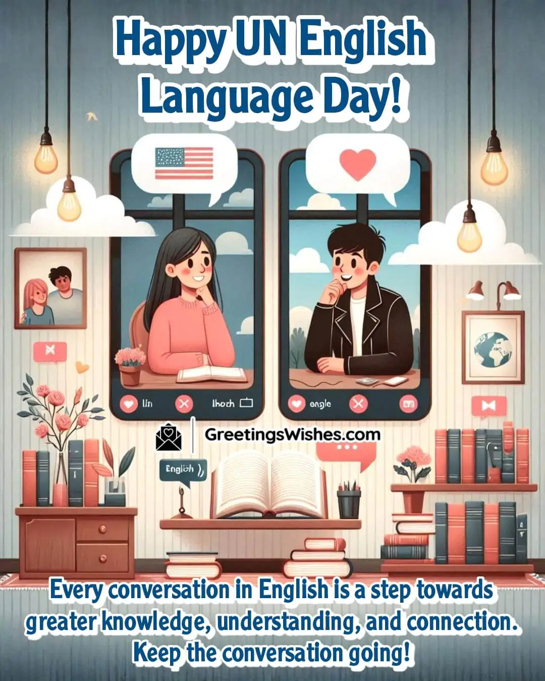 UN English Language Day featuring digital conversation between cultures, symbolizing the power of English to build knowledge and connection.