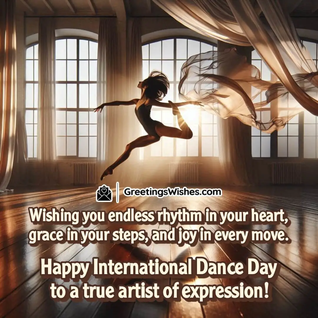 International Dance Day image featuring solo dancer in sunlit studio, symbolizing grace, rhythm, and joyful artistic expression.